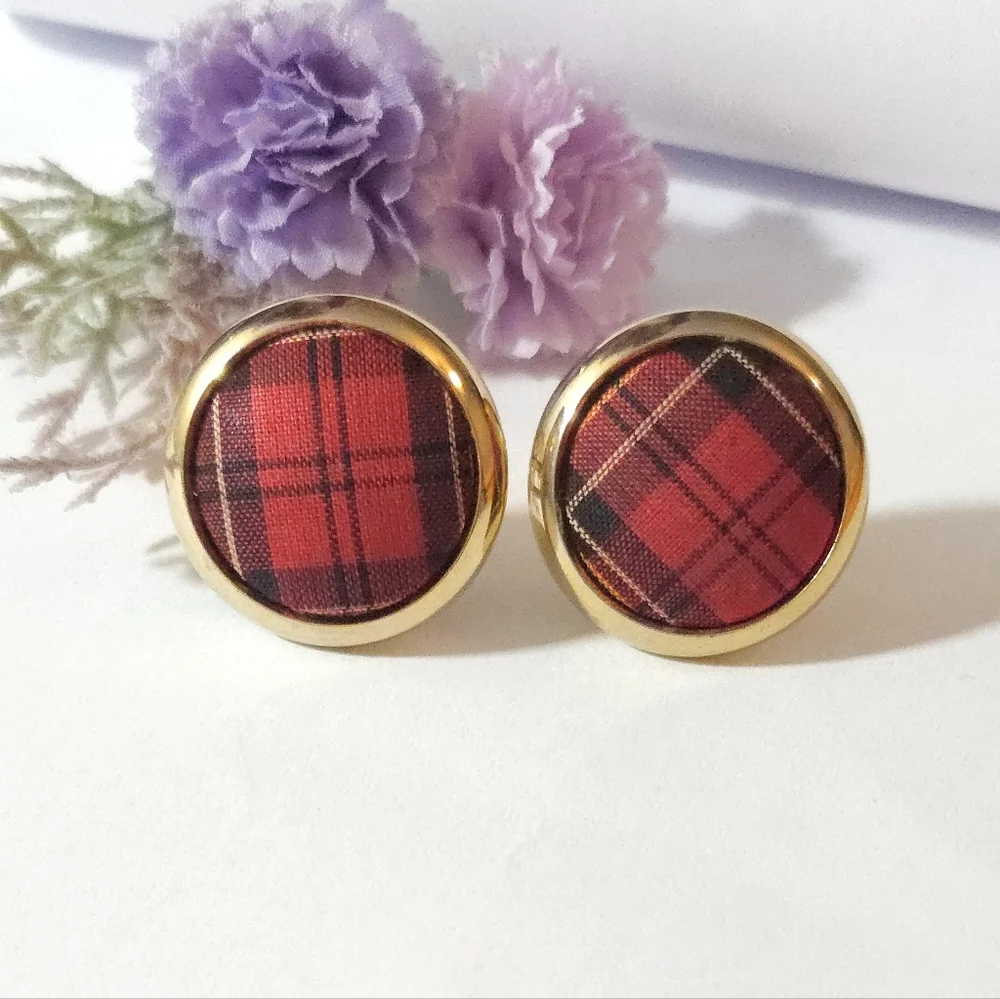 Vintage Tartan Plaid Wool Gold Tone Cufflinks Scottish Style